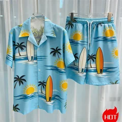 Summer Men's Shirt Sets 3D Coconut Tree Polyester Two Piece Shirt Set Hawaiian Shirt Vacation Mens Shirt Set Casual Y2k Clothing