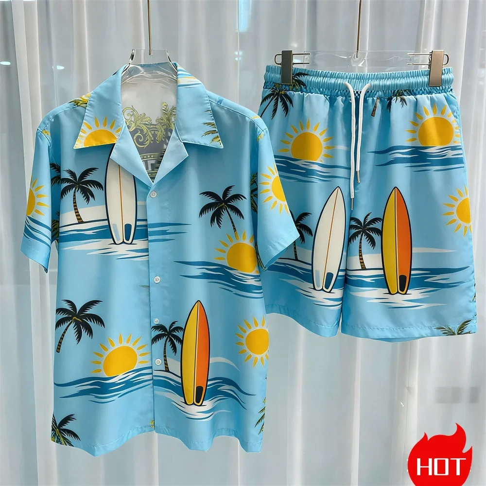 Summer Men's Shirt Sets 3D Coconut Tree Polyester Two Piece Shirt Set Hawaiian Shirt Vacation Mens Shirt Set Casual Y2k Clothing