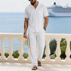 Men Linen Blend Short Sleeve Shirt and Pants Set Casual Summer Beach Outfit