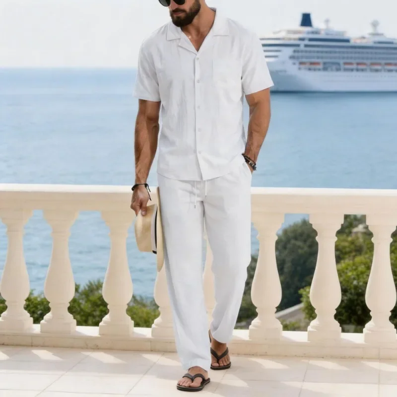 Men Linen Blend Short Sleeve Shirt and Pants Set Casual Summer Beach Outfit