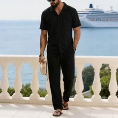 Men Linen Blend Short Sleeve Shirt and Pants Set Casual Summer Beach Outfit