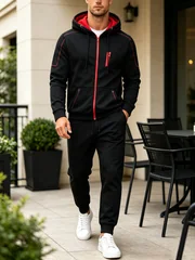 Men's Full Zip Hooded Tracksuit 2 Piece Fleece Jacket Jogger Pants Zipper Pockets Contrast Stitch Casual Streetwear Autumn