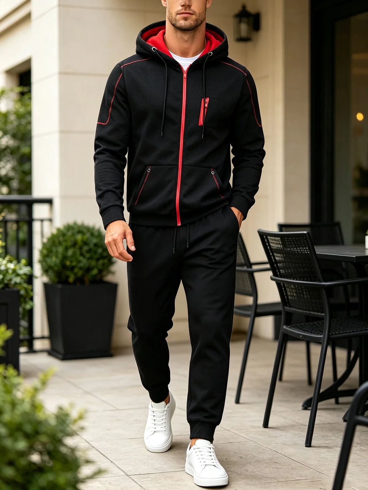 Men's Full Zip Hooded Tracksuit 2 Piece Fleece Jacket Jogger Pants Zipper Pockets Contrast Stitch Casual Streetwear Autumn
