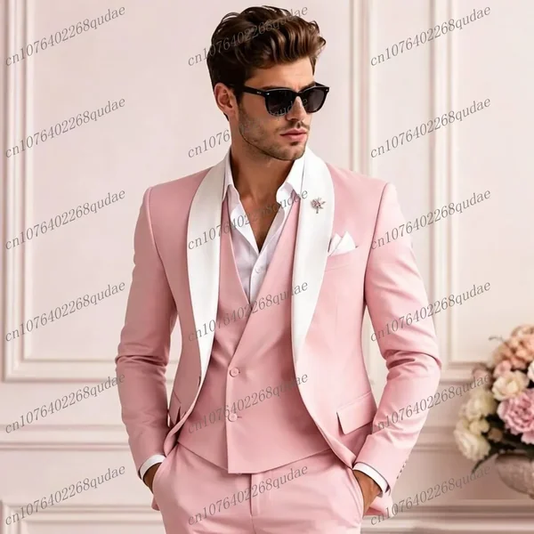 White Collar Pink Formal Men Suit Wedding Party Groom Groomsman Male Tuxedos Costume 3 Piece Set Jacket Vest Pants B2