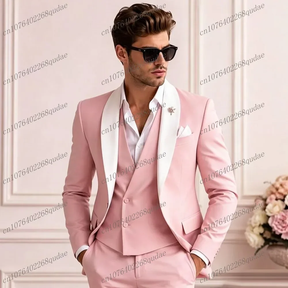 White Collar Pink Formal Men Suit Wedding Party Groom Groomsman Male Tuxedos Costume 3 Piece Set Jacket Vest Pants B2