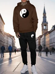 2026 Men Yin Yang Tai Chi Symbol Graphic 2 Piece Hoodie Jogger Pants Set Casual Autumn Winter Sports Tracksuit