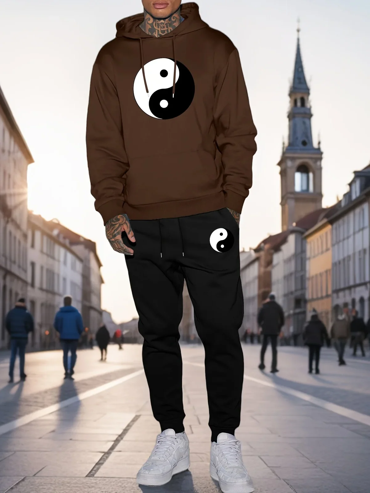 2026 Men Yin Yang Tai Chi Symbol Graphic 2 Piece Hoodie Jogger Pants Set Casual Autumn Winter Sports Tracksuit