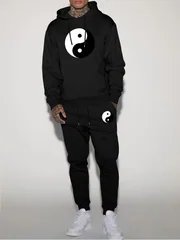 2026 Men Yin Yang Tai Chi Symbol Graphic 2 Piece Hoodie Jogger Pants Set Casual Autumn Winter Sports Tracksuit