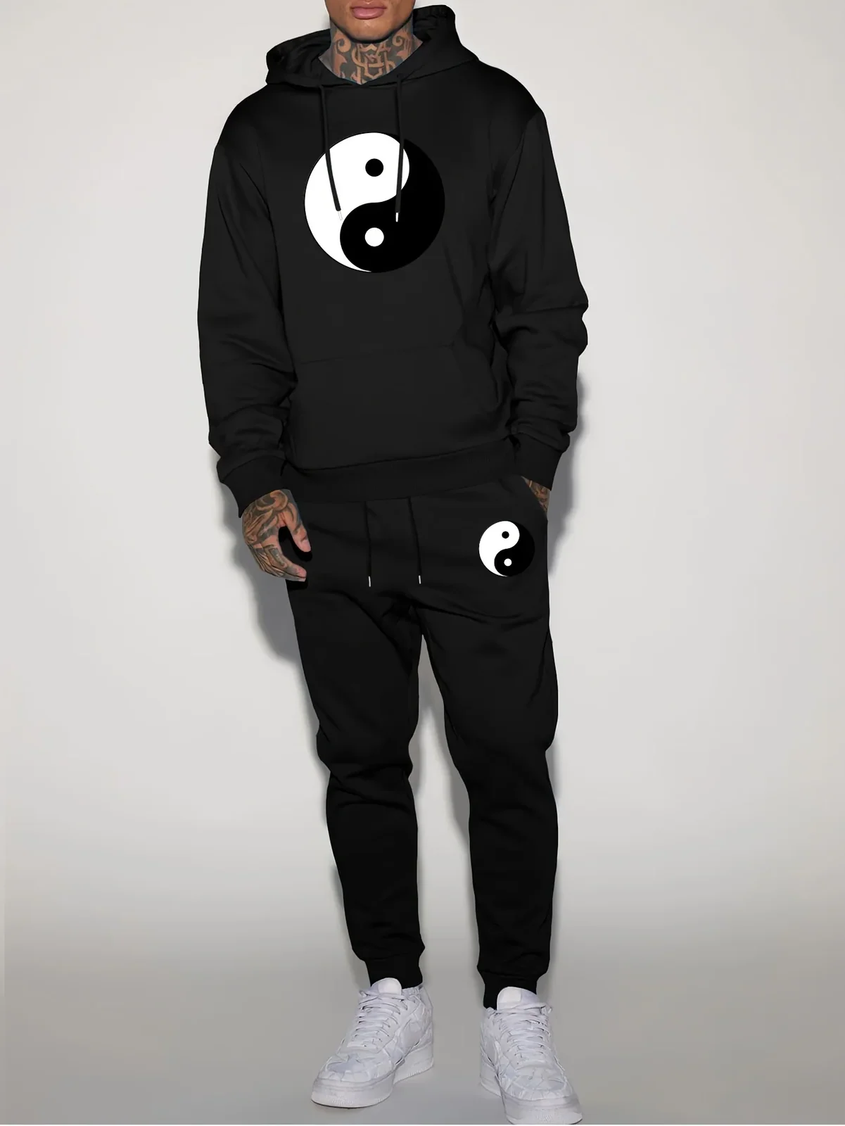 2026 Men Yin Yang Tai Chi Symbol Graphic 2 Piece Hoodie Jogger Pants Set Casual Autumn Winter Sports Tracksuit