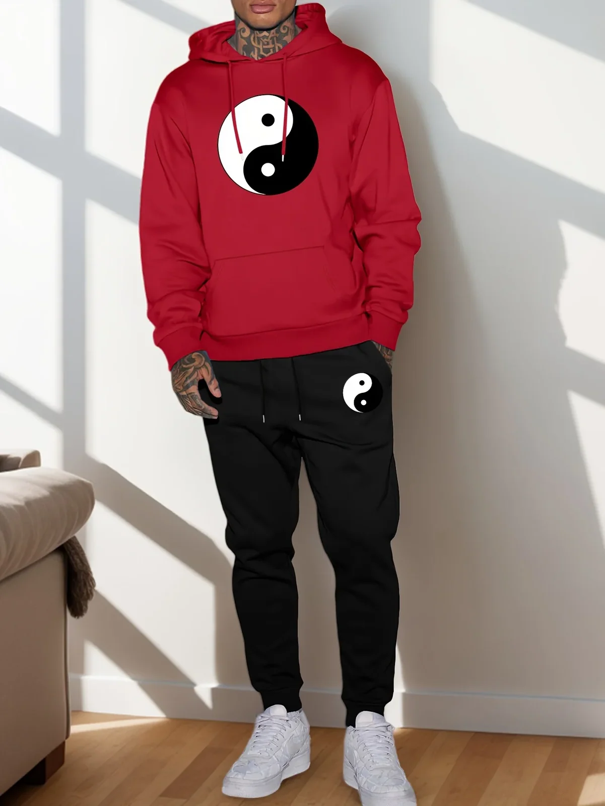 2026 Men Yin Yang Tai Chi Symbol Graphic 2 Piece Hoodie Jogger Pants Set Casual Autumn Winter Sports Tracksuit