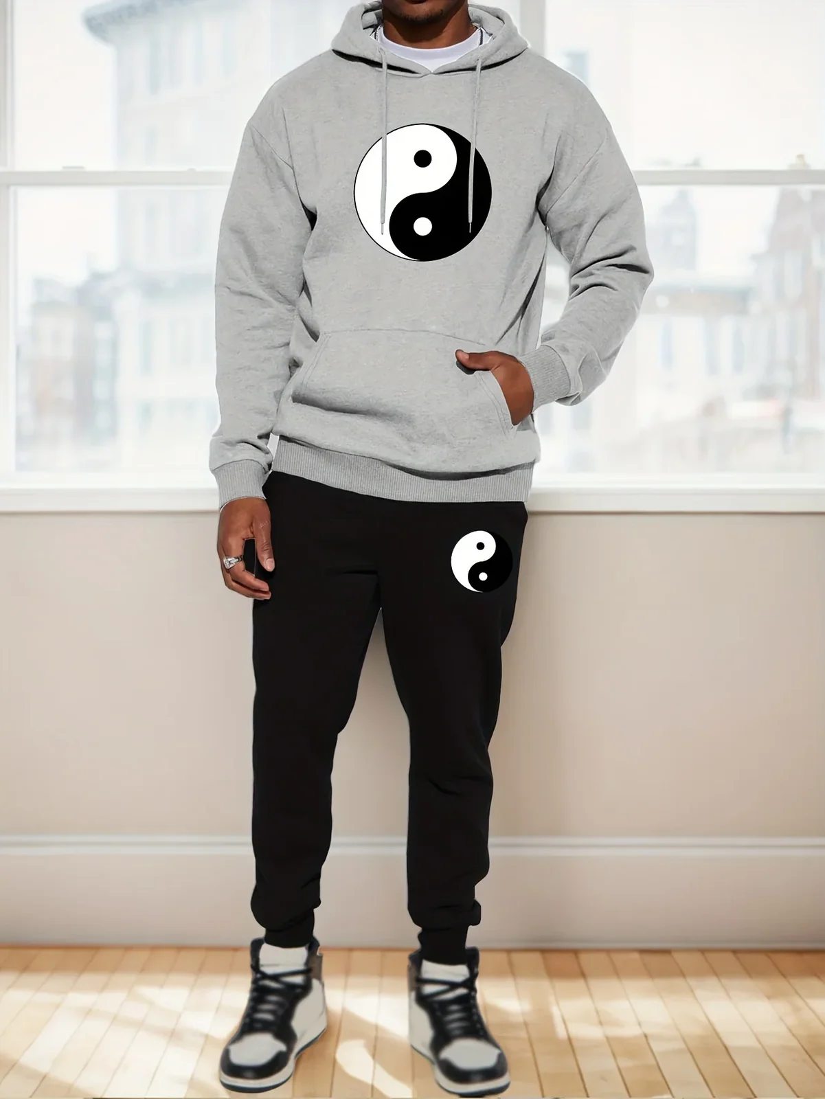 2026 Men Yin Yang Tai Chi Symbol Graphic 2 Piece Hoodie Jogger Pants Set Casual Autumn Winter Sports Tracksuit