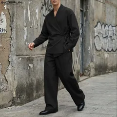INCERUN Men Sets Solid Color V Neck Long Sleeve Shirt & Pants Two Pieces Sets Streetwear Loose 2026 Fashion Men's Casual Suits