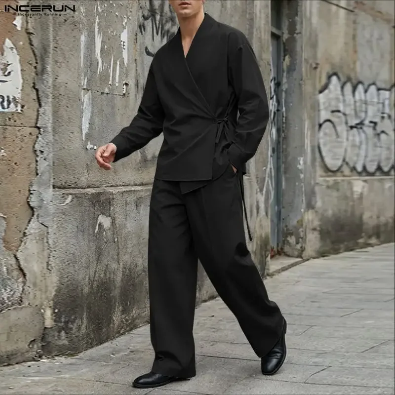 INCERUN Men Sets Solid Color V Neck Long Sleeve Shirt & Pants Two Pieces Sets Streetwear Loose 2026 Fashion Men's Casual Suits