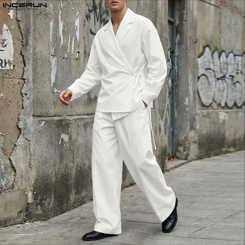 INCERUN Men Sets Solid Color V Neck Long Sleeve Shirt & Pants Two Pieces Sets Streetwear Loose 2026 Fashion Men's Casual Suits