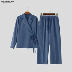 INCERUN Men Sets Solid Color V Neck Long Sleeve Shirt & Pants Two Pieces Sets Streetwear Loose 2026 Fashion Men's Casual Suits