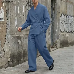 INCERUN Men Sets Solid Color V Neck Long Sleeve Shirt & Pants Two Pieces Sets Streetwear Loose 2026 Fashion Men's Casual Suits