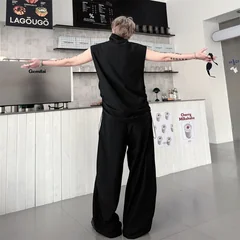 Men's High End Sleeveless Set Casual High Neck Button Detail Drawstring Waist Baggy Pants Minimalist Two Pieces Set 78O9
