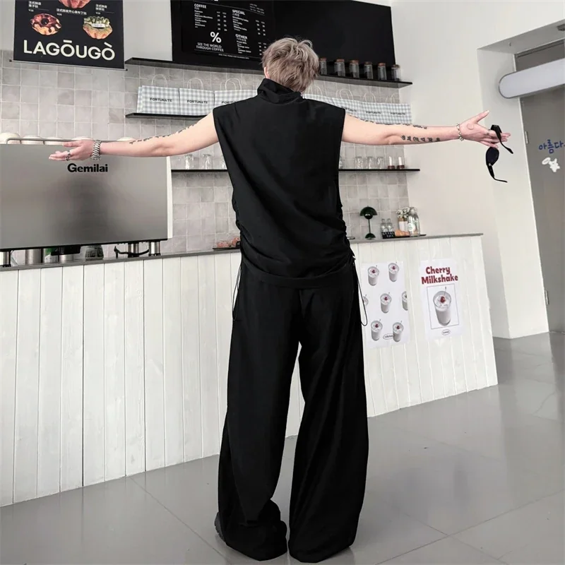 Men's High End Sleeveless Set Casual High Neck Button Detail Drawstring Waist Baggy Pants Minimalist Two Pieces Set 78O9
