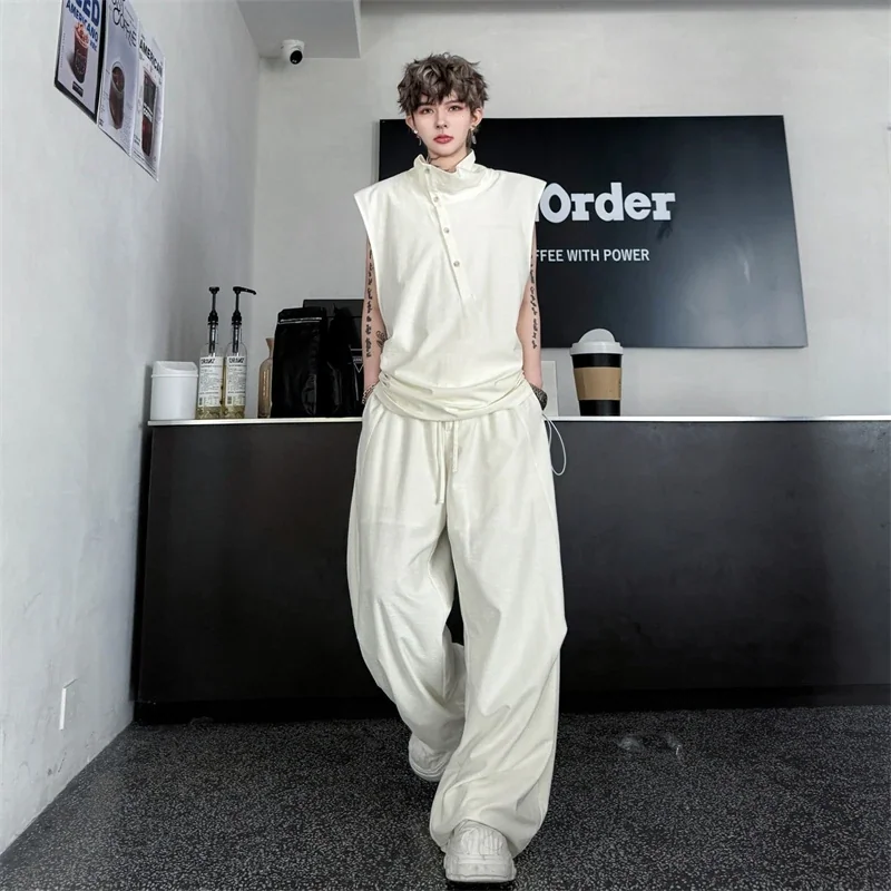Men's High End Sleeveless Set Casual High Neck Button Detail Drawstring Waist Baggy Pants Minimalist Two Pieces Set 78O9