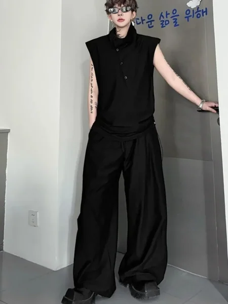 Men's High End Sleeveless Set Casual High Neck Button Detail Drawstring Waist Baggy Pants Minimalist Two Pieces Set 78O9