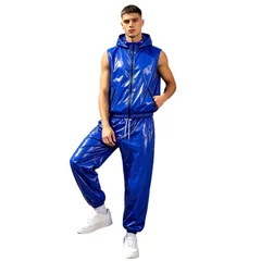 Mens Waterproof Sauna Outfit Glossy Sweat Suit Hooded Tracksuit Hooded Jacket Vest with Jogging Pants for Workout Cycl Training