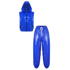 Mens Waterproof Sauna Outfit Glossy Sweat Suit Hooded Tracksuit Hooded Jacket Vest with Jogging Pants for Workout Cycl Training