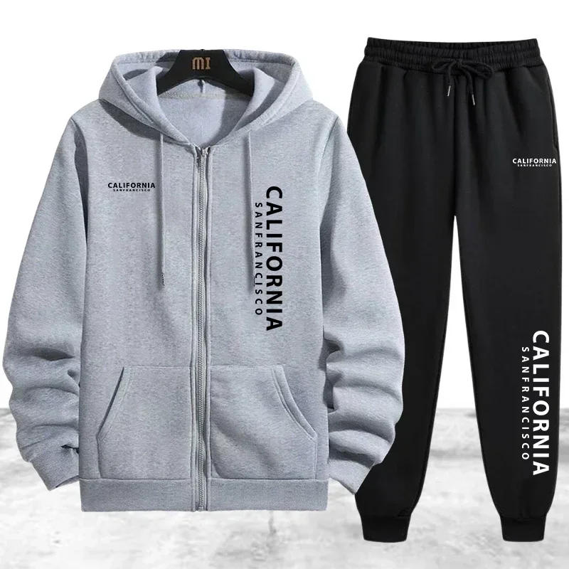 Tracksuit Men's Printing Casual Zip Hooded Sweatshirts Coat Outdoors Sports Jogging Man Clothing Autumn Winter Single Tops Pants