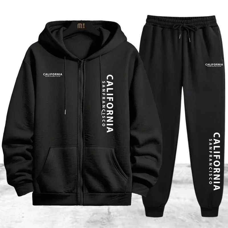 Tracksuit Men's Printing Casual Zip Hooded Sweatshirts Coat Outdoors Sports Jogging Man Clothing Autumn Winter Single Tops Pants