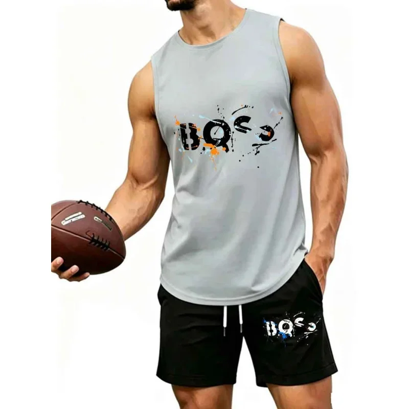 Men's Graffiti Letter Print 2-Piece Tracksuit, Sleeveless Muscle Tank Top with Drawstring Shorts, Casual Urban Sportswear
