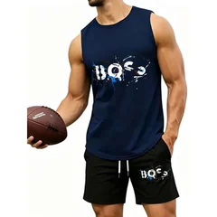 Men's Graffiti Letter Print 2-Piece Tracksuit, Sleeveless Muscle Tank Top with Drawstring Shorts, Casual Urban Sportswear