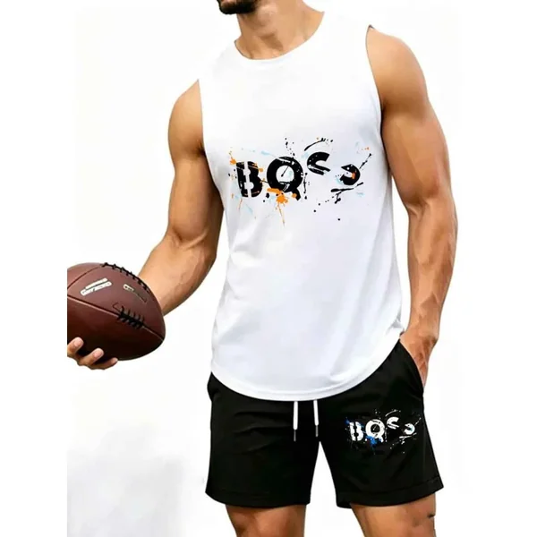Men's Graffiti Letter Print 2-Piece Tracksuit, Sleeveless Muscle Tank Top with Drawstring Shorts, Casual Urban Sportswear