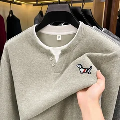 Fashion Trend Solid Color Men's Fake Two‑Piece T-Shirt Autumn Winter Comfortable Long Sleeved Pullover Tops Business Men's Wear