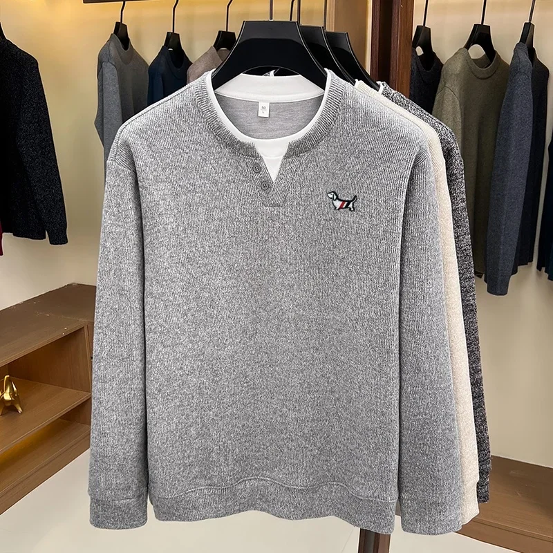 Fashion Trend Solid Color Men's Fake Two‑Piece T-Shirt Autumn Winter Comfortable Long Sleeved Pullover Tops Business Men's Wear