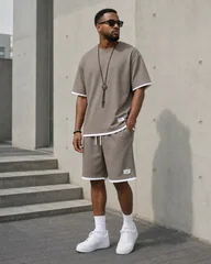Summer Casual Men's Waffle Two Piece Set Oversized Short Sleeve Tee Shorts Breathable Sport Holiday Relaxed Outfit Everyday Wear