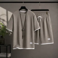 Summer Casual Men's Waffle Two Piece Set Oversized Short Sleeve Tee Shorts Breathable Sport Holiday Relaxed Outfit Everyday Wear
