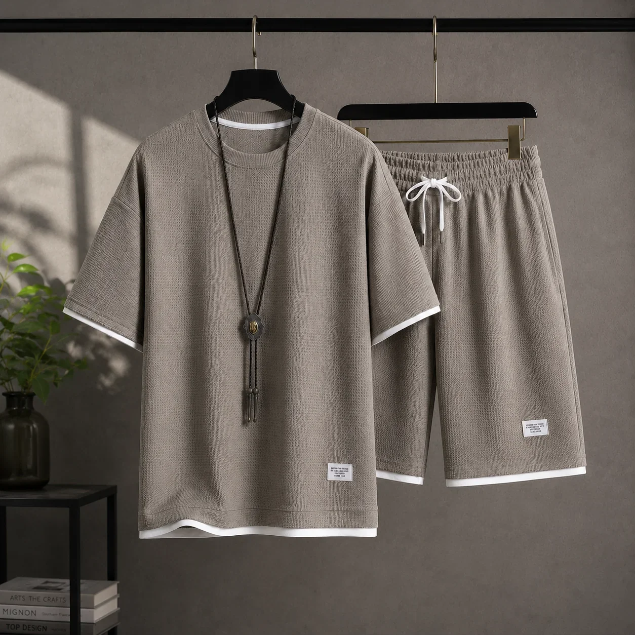 Summer Casual Men's Waffle Two Piece Set Oversized Short Sleeve Tee Shorts Breathable Sport Holiday Relaxed Outfit Everyday Wear