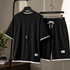 Summer Casual Men's Waffle Two Piece Set Oversized Short Sleeve Tee Shorts Breathable Sport Holiday Relaxed Outfit Everyday Wear