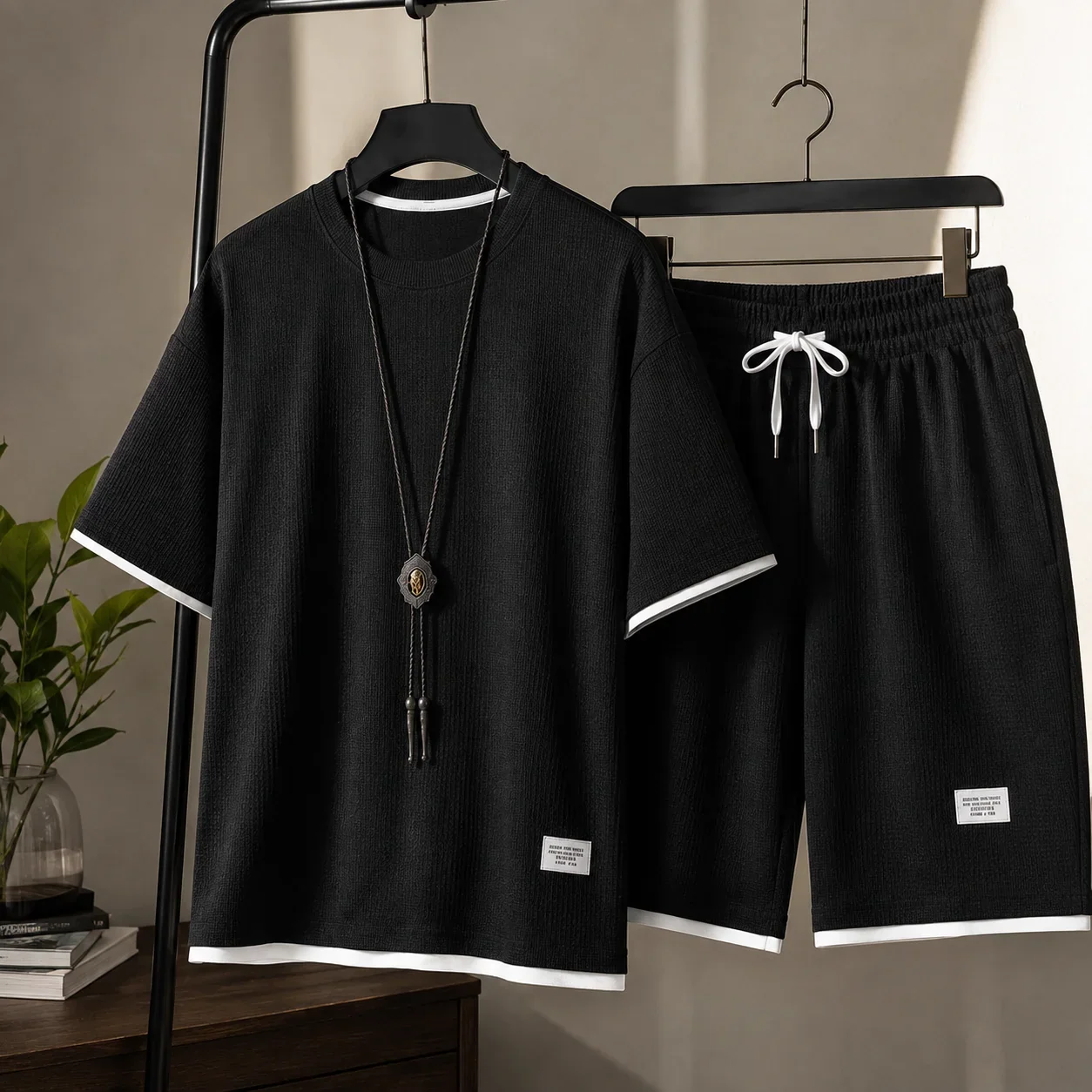 Summer Casual Men's Waffle Two Piece Set Oversized Short Sleeve Tee Shorts Breathable Sport Holiday Relaxed Outfit Everyday Wear