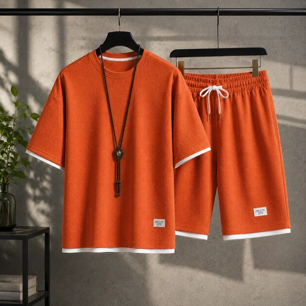 Summer Casual Men's Waffle Two Piece Set Oversized Short Sleeve Tee Shorts Breathable Sport Holiday Relaxed Outfit Everyday Wear