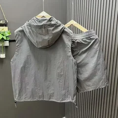 2026 Summer New Men's Casual Hooded Sleeveless 2 Piece Set Lightweight Ice Silk Loose Knee Length Shorts Korean Style