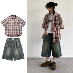 Japanese Youth Style Men Women Plaid Patch Pocket Short Sleeve Shirt Denim Capri Shorts Casual Outfit Set