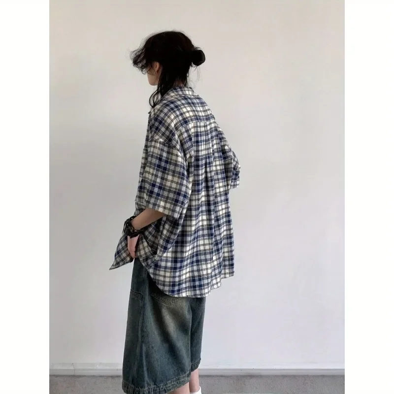 Japanese Youth Style Men Women Plaid Patch Pocket Short Sleeve Shirt Denim Capri Shorts Casual Outfit Set