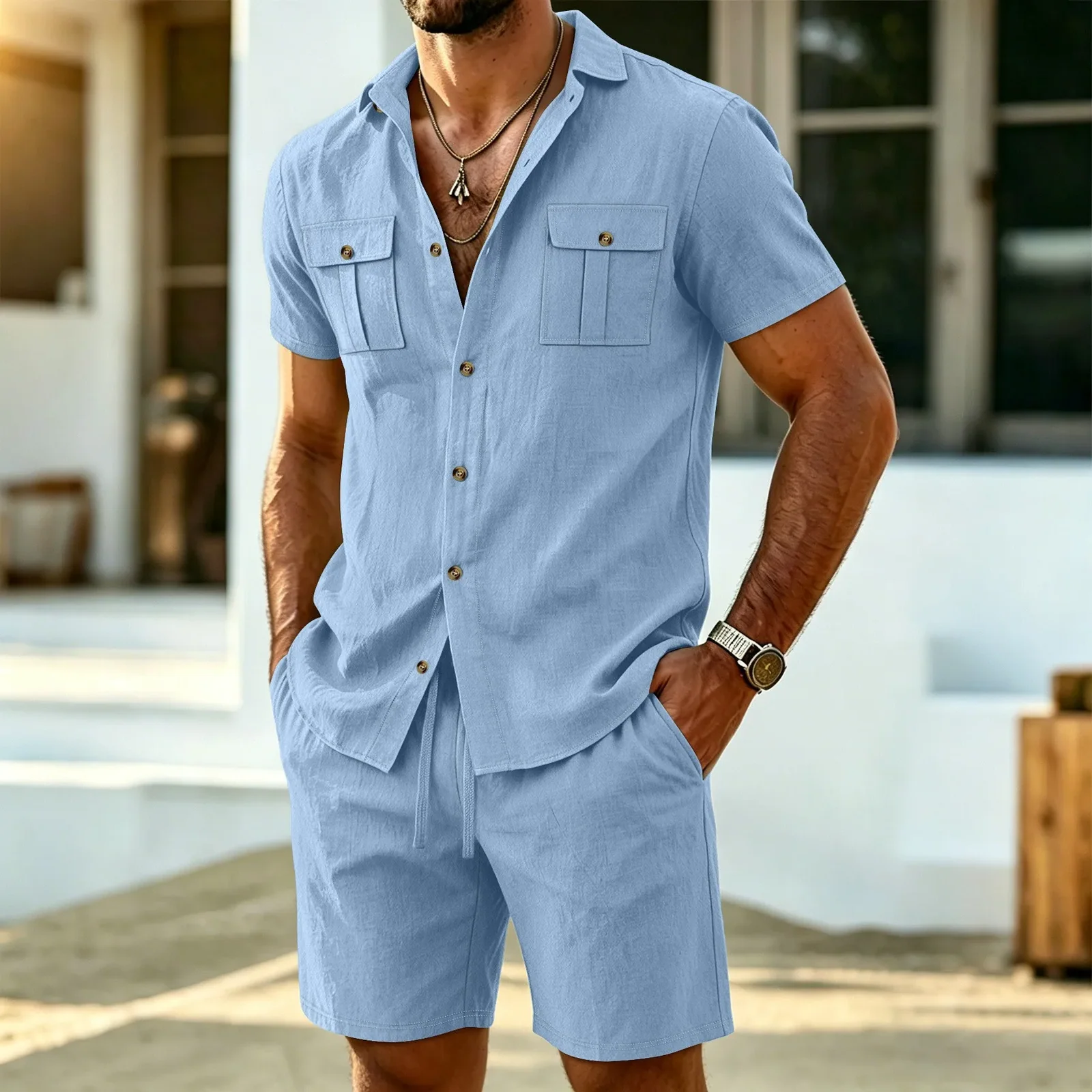 Summer Fashion Men Linen Short Sleeve Shirt Shorts Set Outdoor Workwear Casual Commute Beach Vacation Matching Two Piece Suit