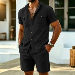 Summer Fashion Men Linen Short Sleeve Shirt Shorts Set Outdoor Workwear Casual Commute Beach Vacation Matching Two Piece Suit