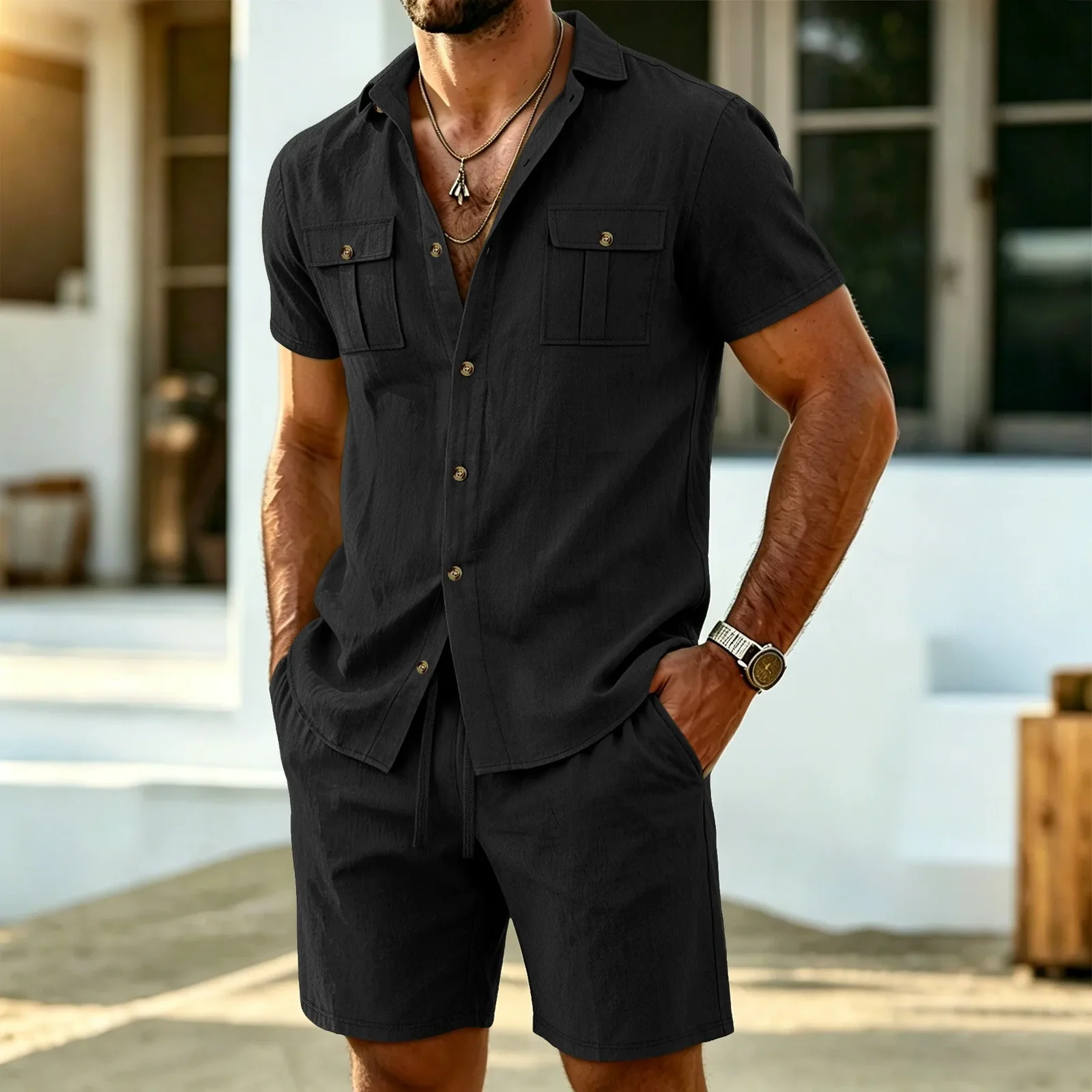 Summer Fashion Men Linen Short Sleeve Shirt Shorts Set Outdoor Workwear Casual Commute Beach Vacation Matching Two Piece Suit