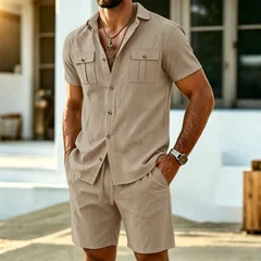 Summer Fashion Men Linen Short Sleeve Shirt Shorts Set Outdoor Workwear Casual Commute Beach Vacation Matching Two Piece Suit