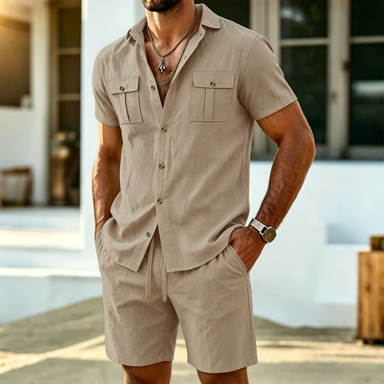 Summer Fashion Men Linen Short Sleeve Shirt Shorts Set Outdoor Workwear Casual Commute Beach Vacation Matching Two Piece Suit