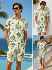 Mens Floral Short Sleeve Shirt and Drawstring Shorts Set Beach Vacation Matching Summer Two Piece Weekend Beach Outfit Beachwear