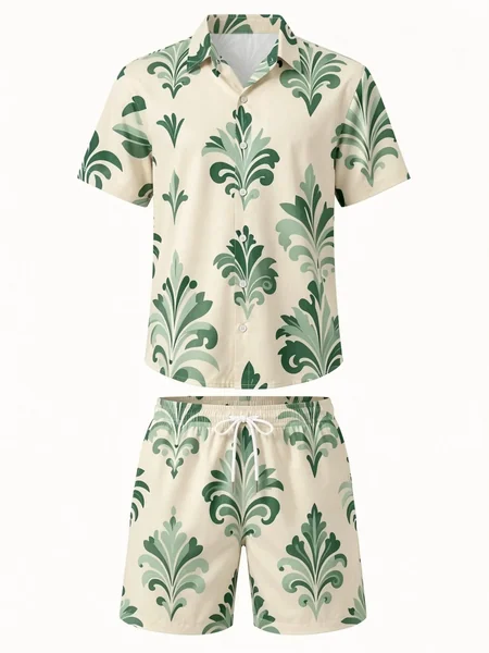 Mens Floral Short Sleeve Shirt and Drawstring Shorts Set Beach Vacation Matching Summer Two Piece Weekend Beach Outfit Beachwear