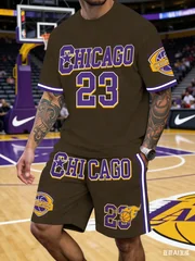2-piece Set Basketball Sports Letter Design Pattern Print Breathable Summer Man Sports Short Sleeve Top Casual Loose Shorts Set